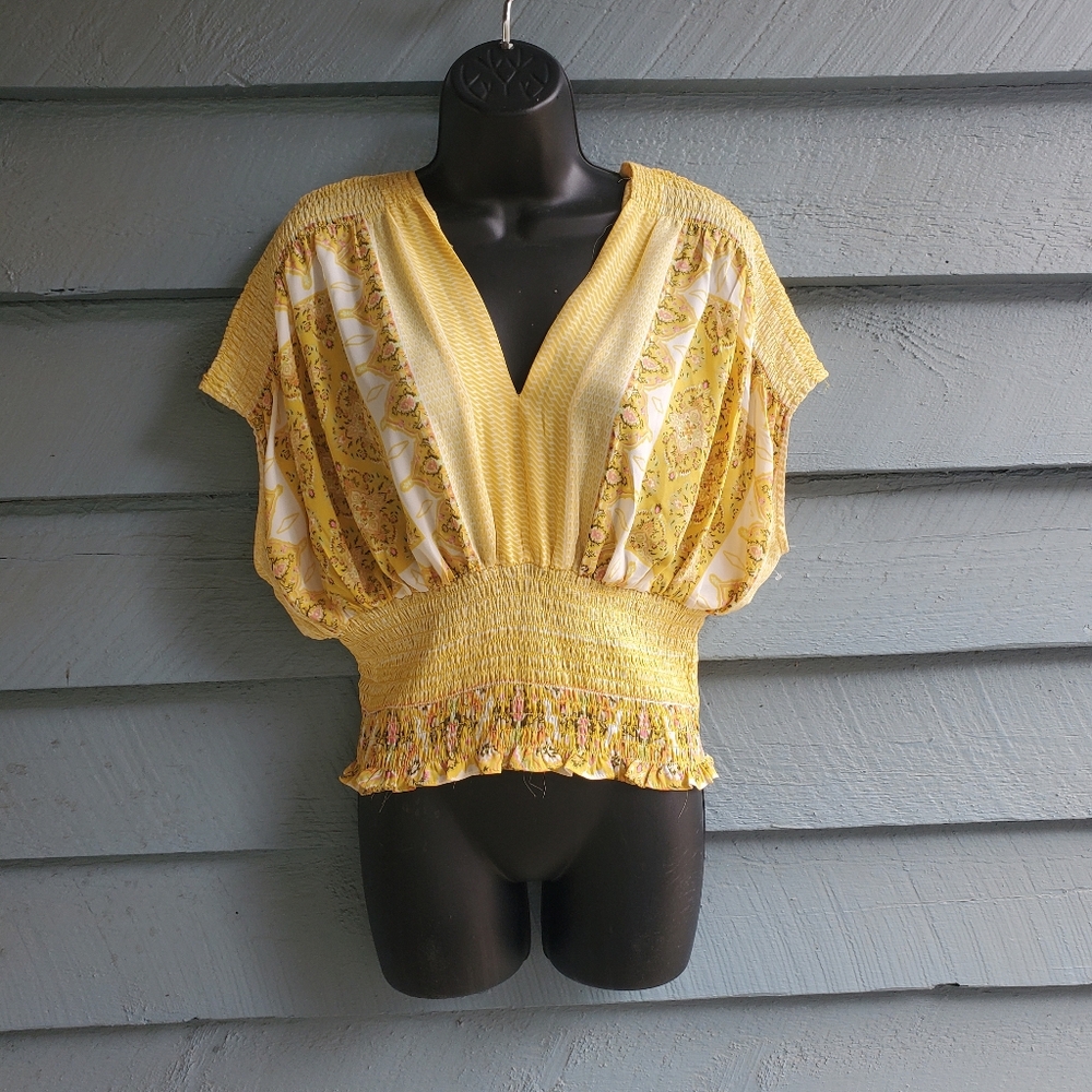 Rose & Olive Yellow Smocked V-Neck Crop Top